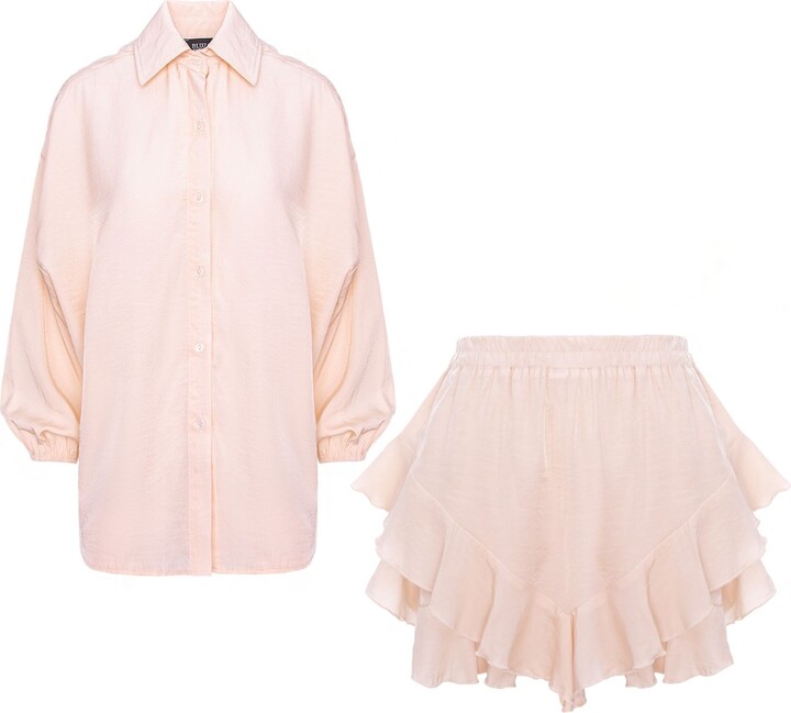 Bluzat Pink Balloon Sleeve Shirt And Ruffled Shorts Set