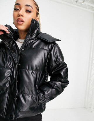 Sixth June oversized cropped puffer jacket with hood in leather
