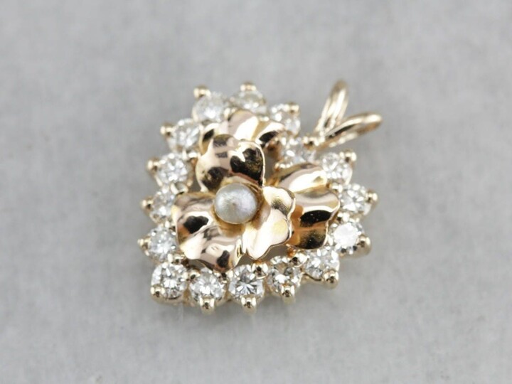 Etsy 14K Yellow Gold Diamond Pearl Flower Pendant Anniversary Gift