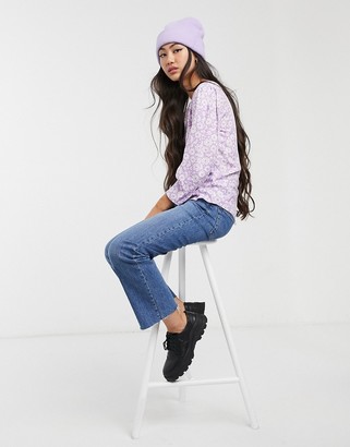 Monki floral print puff sleeve button through blouse in lilac