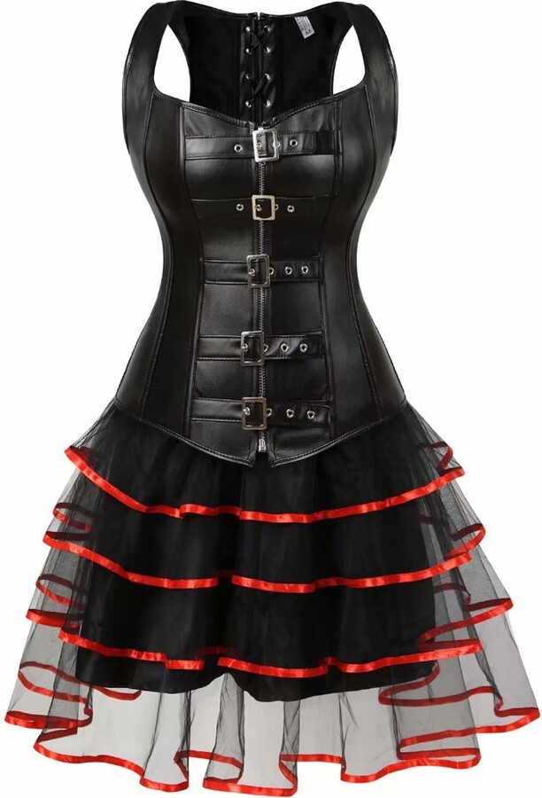 Josamogre Corset Bustier Dress Steampunk Leather Gothic Shoulder Straps Skirt Tutu Set Burlesque
