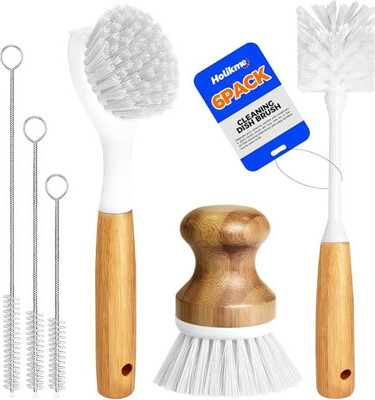 HHA 6 Pack Dish Brush Kitchen Brushes Set With Bottle Brush, Dish Brush, Palm Scrub Brush And Straw Brush, Fruit Vegetable Cleaning Brushes, Long Handle F