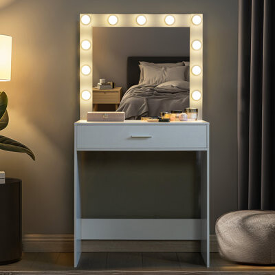 Vanity Desk With Mirror And Lights, Dressing Table With Large Drawer, 1 Level Storage Dresser & 3 Lighting Modes Adjustable Brightness, Suitable For B