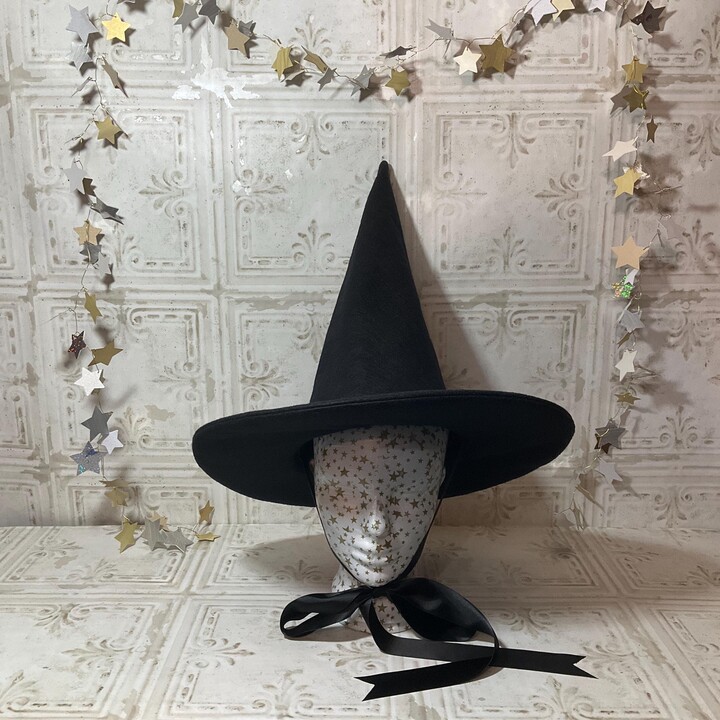 Etsy Practical Witch Hat - Black Wool Felt Hat With Satin Ribbon Ties-straight Top