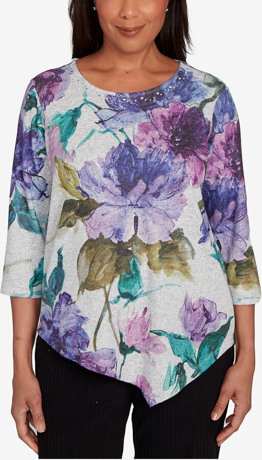 Alfred Dunner Petite Lake Champlain Asymmetrical Watercolor Flower Top