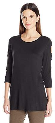 Notations Notations Women's Solid 3/4 Scoop Neck Top with Cage Detail at Sleeves
