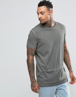 ASOS Longline T-Shirt With Oil Wash And Zip Front Pocket