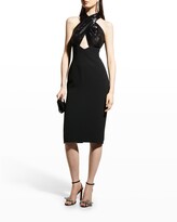 Thumbnail for your product : Pamella Roland Sequin Crossover Halter Bow-Back Crepe Midi Dress