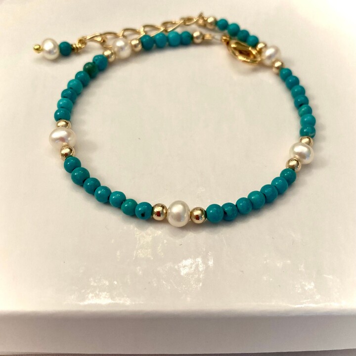 Dainty Real Turquoise 3mm Gem Bracelet Aaa Quality 14K Gold Filled Beads Fw Pearls Plated Findings Stacking Adjusts 7-8 Inch