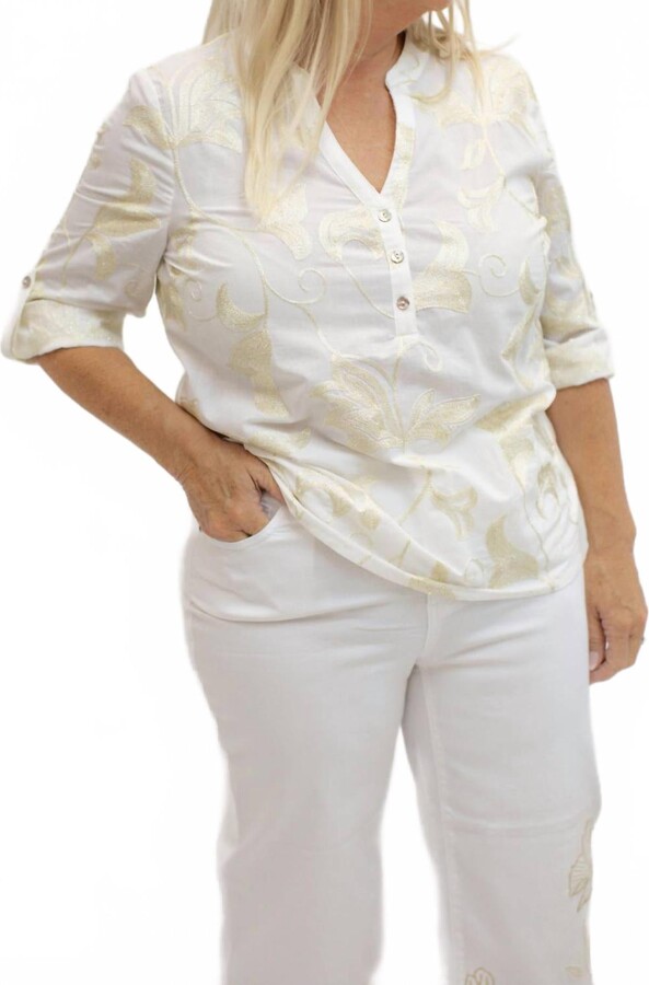 CHARLIE B Women's Embroidered Popover Blouse In Gold