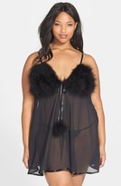 Thumbnail for your product : Betsey Johnson Feather Trim Chiffon Babydoll & Thong (Plus Size)