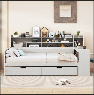 Red Barrel Studio Wooden Full Size Daybed With Storage Shelves Multi-Functional Bed With Two Storage Drawers And Study Desk Antique White