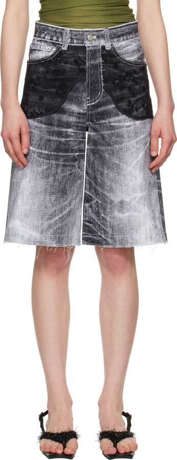 ANDERSSON BELL Black Lace Paneled Denim Shorts