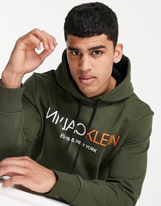Calvin Klein text reverse front logo hoodie in khaki - ShopStyle