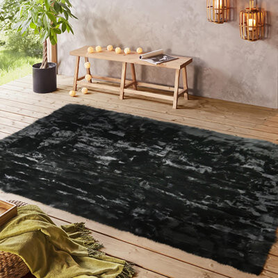 Orren Ellis Bright Black Rabbit Fur Area Rug_9.5X13.5Ft