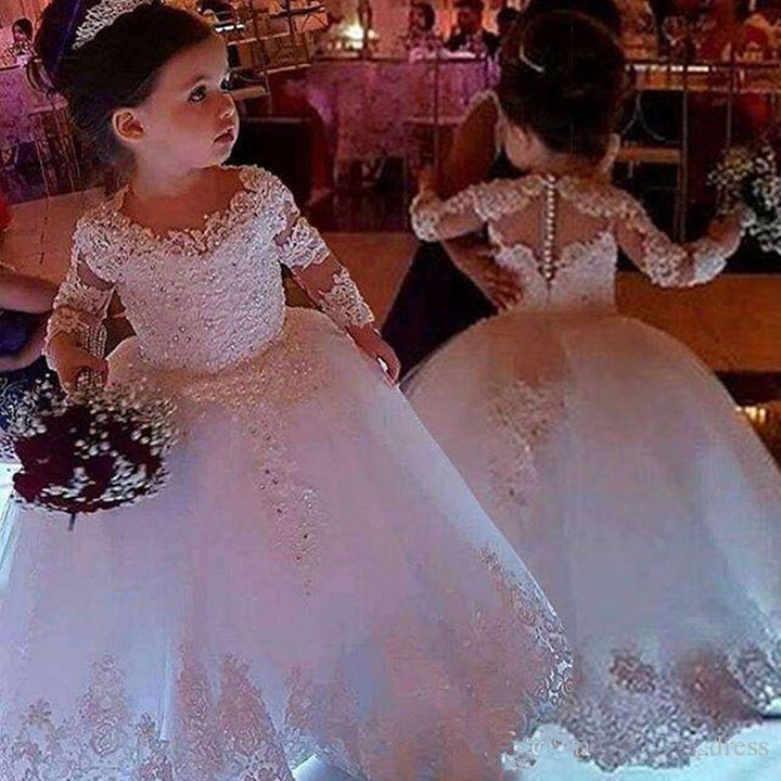 RiLynda Flower Girl Dresses For Weddings Tulle Princess Lace Sleeve Length Holy First Communion Gowns Party Pageant Dress For Girls