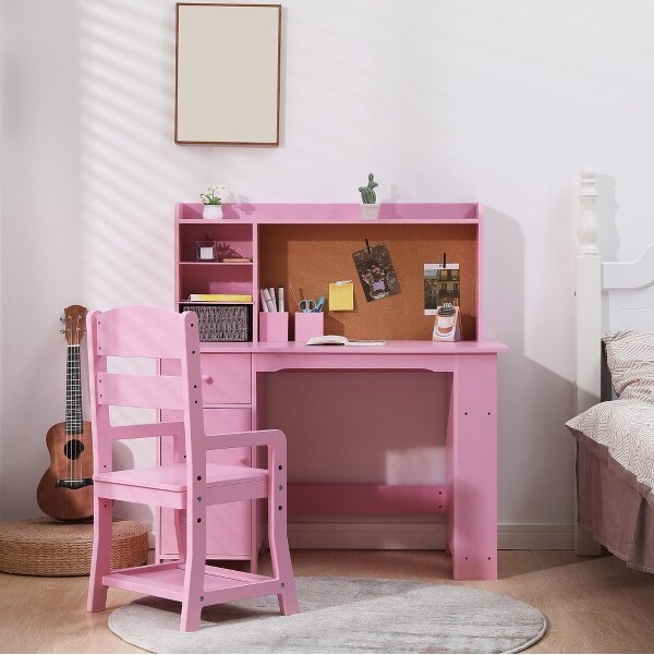 TruAIR StudyDeskandChairSetforChildrenStudyTableforKids-FeaturesBookshelfBulletinBoardCabinetsandDrawerPink