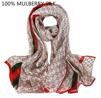 Mulberry Novels-wear 100% Silk Scarf Wrap Luxury Brand Geometric Logo Print with green and red stripe 70" L X 44" W