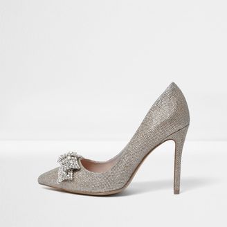 River Island Womens Gold embellished bow court shoes