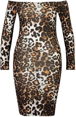 boohoo Off The Shoulder Leopard Print Midi Dress