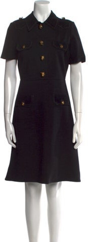 Gucci Wool Shirtdress From the 2016 Collection by Alessandro Michele Black Feline Head Accent Short Sleeve with Collar Concealed Zip Closure at Back Designer