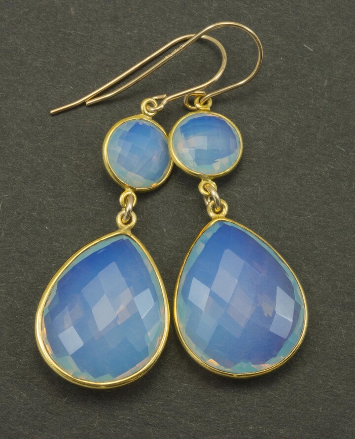 Etsy Opalite Earrings Faceted Large Teardrops 14K Solid Gold Or Filled Iridescent Colors Simple Double Bezel Setting Fat 2 Inch Drops