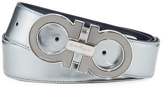 Ferragamo Reversible Metallic Leather Gancini-Buckle Belt, Silver