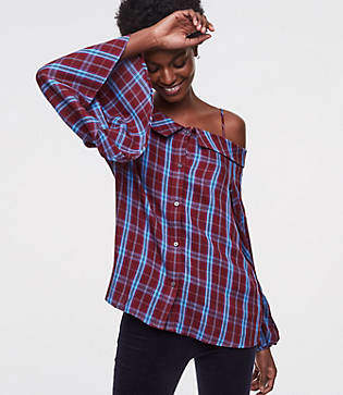 LOFT Petite Plaid Off The Shoulder 