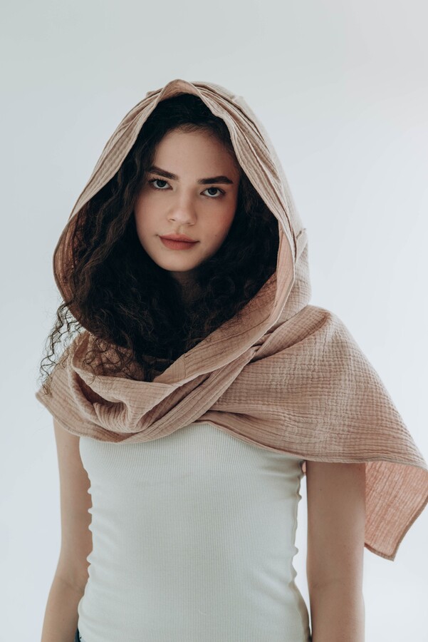 Etsy Organic Cotton Hooded Scarf Natural Fabric Round With Hood Maxi Cowl Shawl For Curly Hair