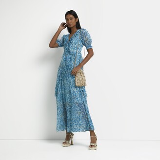 River Island Womens Blue Leopard Print Frill Maxi Dress - ShopStyle