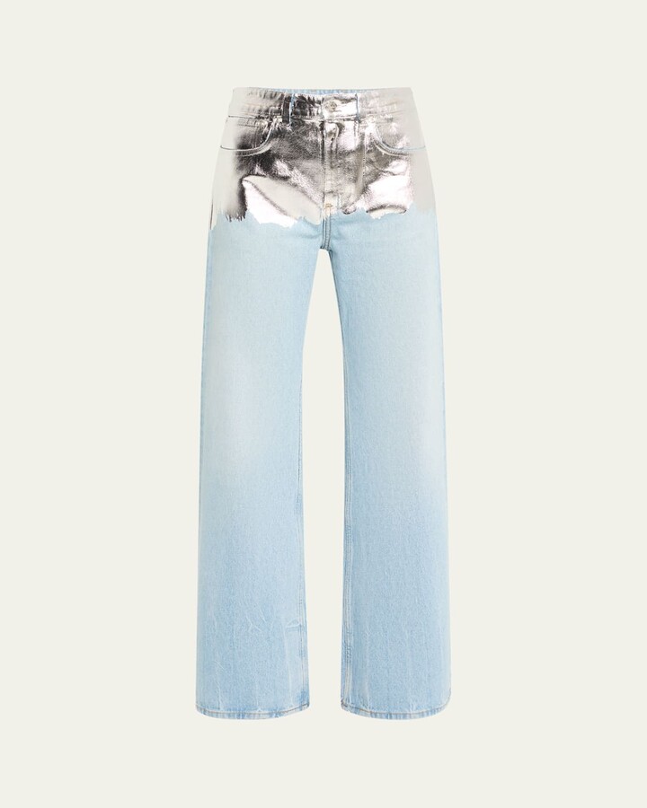 Rabanne Metallic Foiled Denim Straight-Leg Jeans
