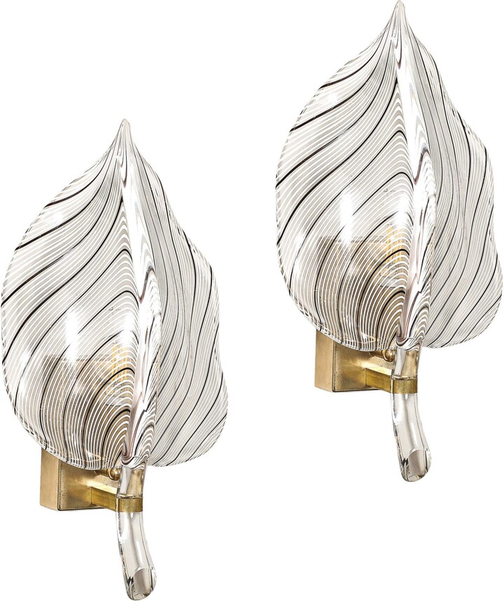 Mid-century Hand-blown Black Linear Murano Glass Leaf Sconces By Franco Luce