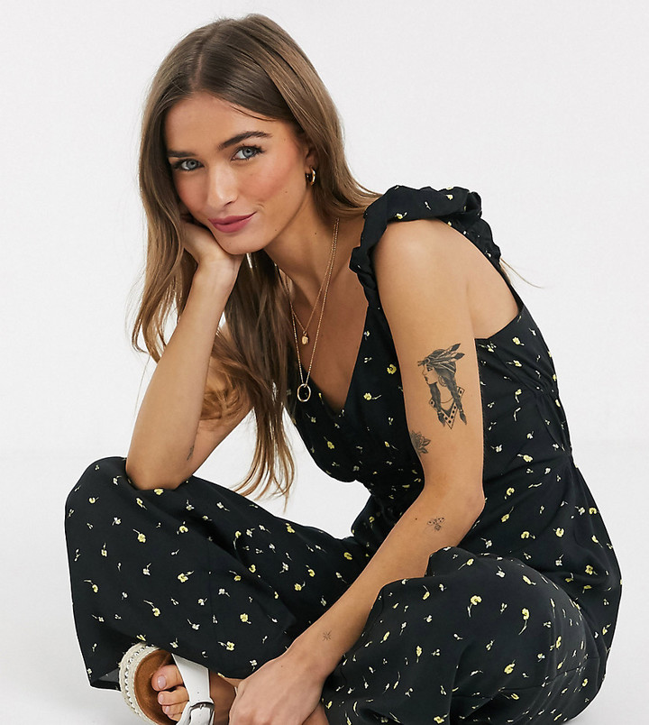 Miss Selfridge Petite lace up floral print jumpsuit in black - ShopStyle