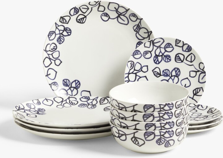 John Lewis ANYDAY Leaf Porcelain Dinnerware Set, 12 Piece, Blue/White