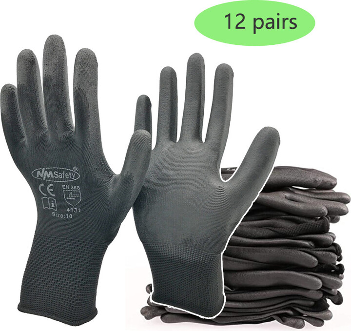 24 Pcs/12 Pairs Black PU Nitrile Industrial Protective Safety Work Glove With Nylon Cotton Knitted Coated Palm Gloves