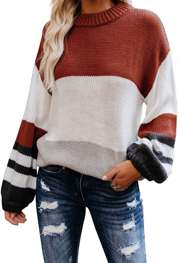 HUUSA Color Block Striped Oversized Sweaters for Women Casual Loose Fit Long  Lantern Sleeve Round Neck Pullover Sweater Tunic Jumpers Brown 2XL -  ShopStyle