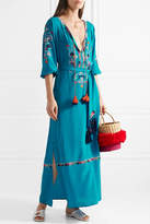 Thumbnail for your product : Figue Lulu Tasseled Embroidered Silk Crepe De Chine Maxi Dress - Blue