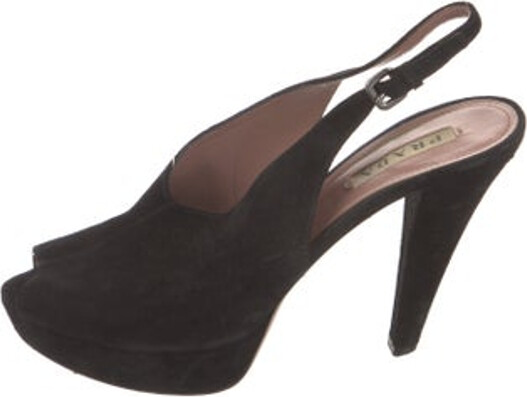 Prada Suede Slingback Pumps Black Round-Toes Platform Buckle Closure at Ankles Designer