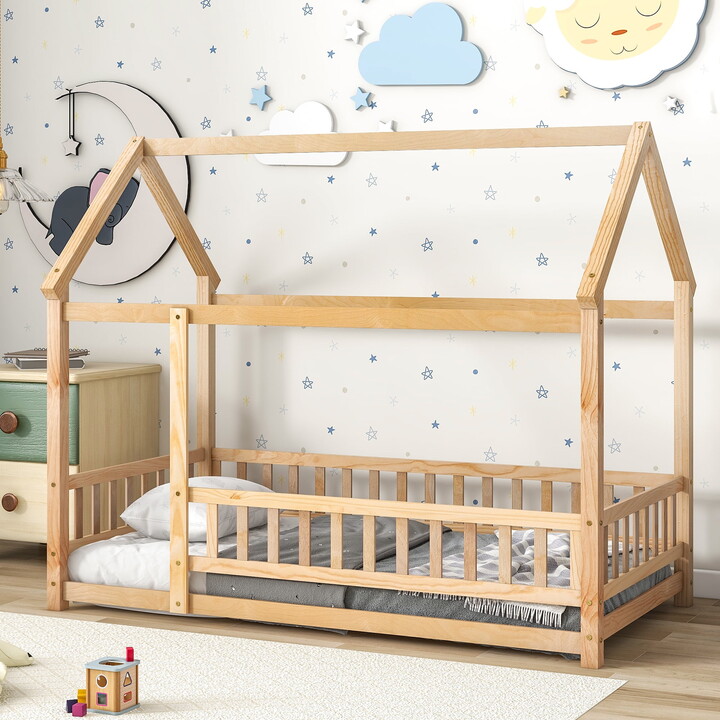 Miniyam Twin Size Floor Bed with House Roof & Fence, Natural