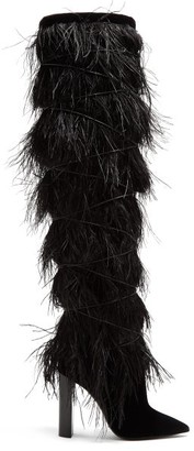 Saint Laurent Yeti Feather-embellished Over-the-knee Boots - Black