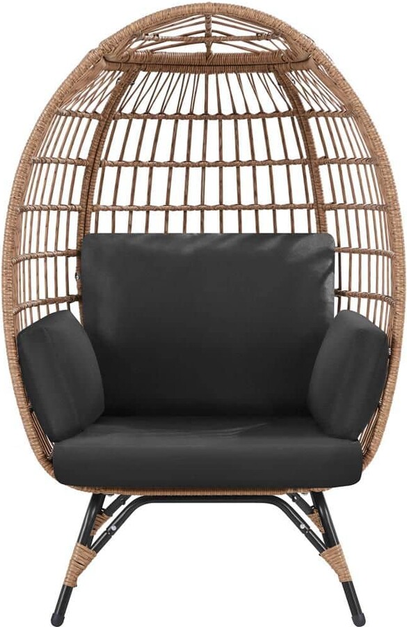 PE Rattan Egg-Shaped Chair Outdoor Wicker Egg Basket Lounge Chair with 4 Black Cushions for Patio Backyard