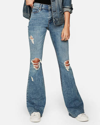 Express Mid Rise Ripped Stretch Bell Flare Jeans