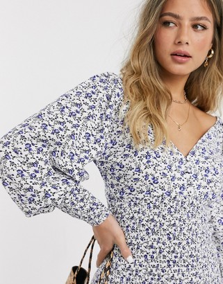 ASOS DESIGN shirred mini dress with long sleeves in ditsy floral print