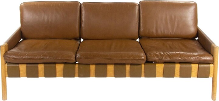 1976 Nicos Zographos Saronis Leather & Oak Sofa From Hugh Stubbins Library