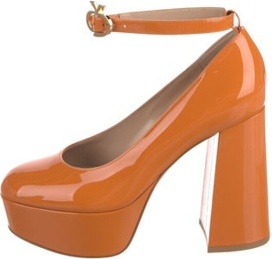 Gianvito Rossi Patent Leather Pumps Orange Round-Toes Platform Wrap-Around Straps Includes Box & Dust Bag Designer