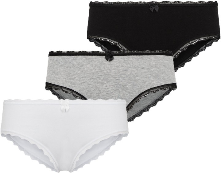3 Pack Black and White Ribbed Cotton Lace Trim Short Briefs