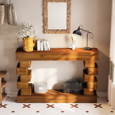 Latitude Run Geometric Block Stacked Wood Console Table With Warm Natural Finish