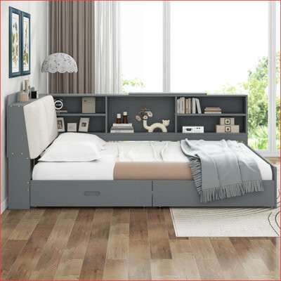 Full Size Pine Wood Platform Storage Bed with Headboard Shelves & 2 Drawers –No Box Spring Needed for Bedroom