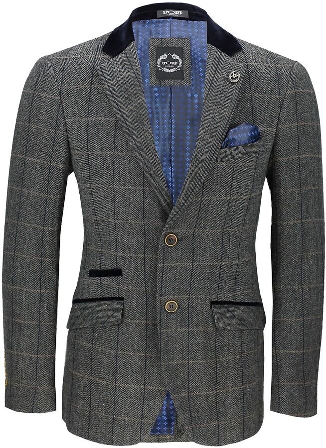 Xposed Mens Vintage Tweed Herringbone Check Blazer in Oak Brown Grey with Velvet Collar Elbow