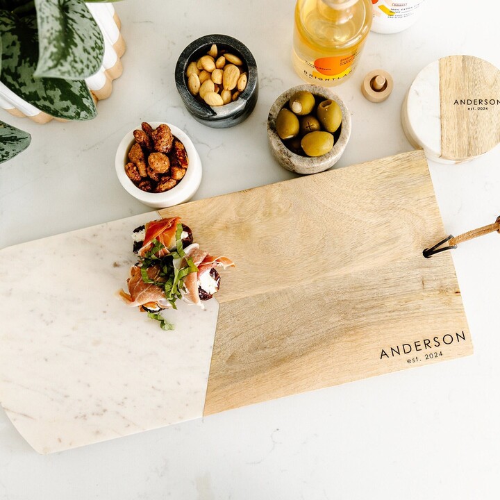 Personalized Marble Wood Charcuterie Board Set With Spreader, Coasters & 3 Bowls